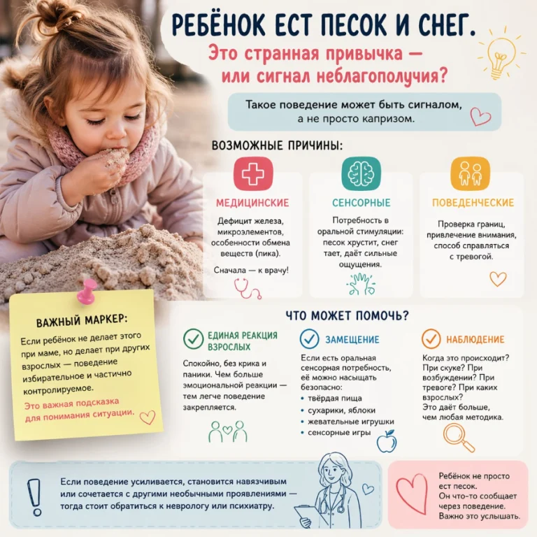 Ребёнок ест песок и снег.
